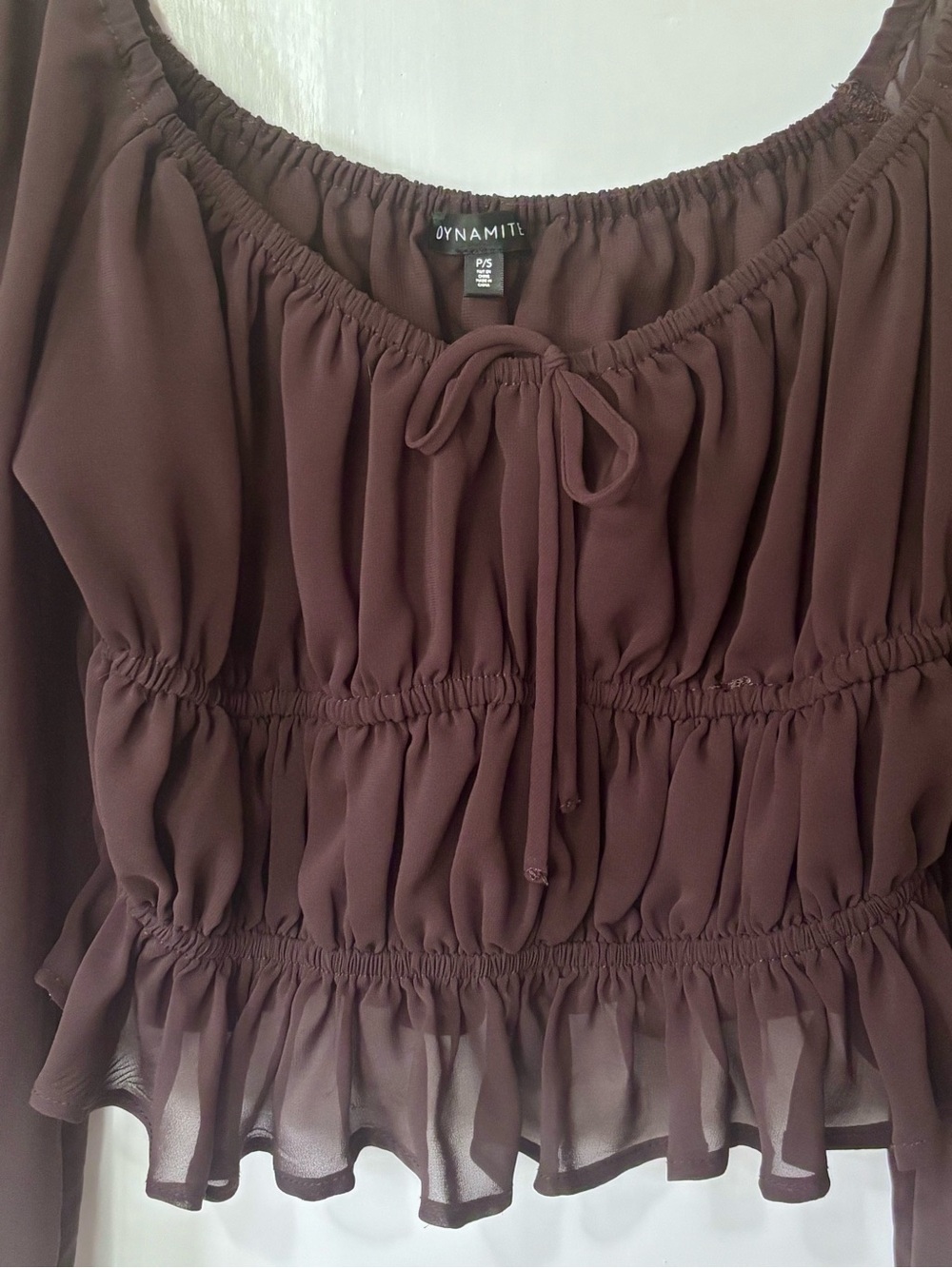 Dynamite| Feminine Brown Smocked Sheer Crop Peasant Blouse Sz S - Picture 2 of 7